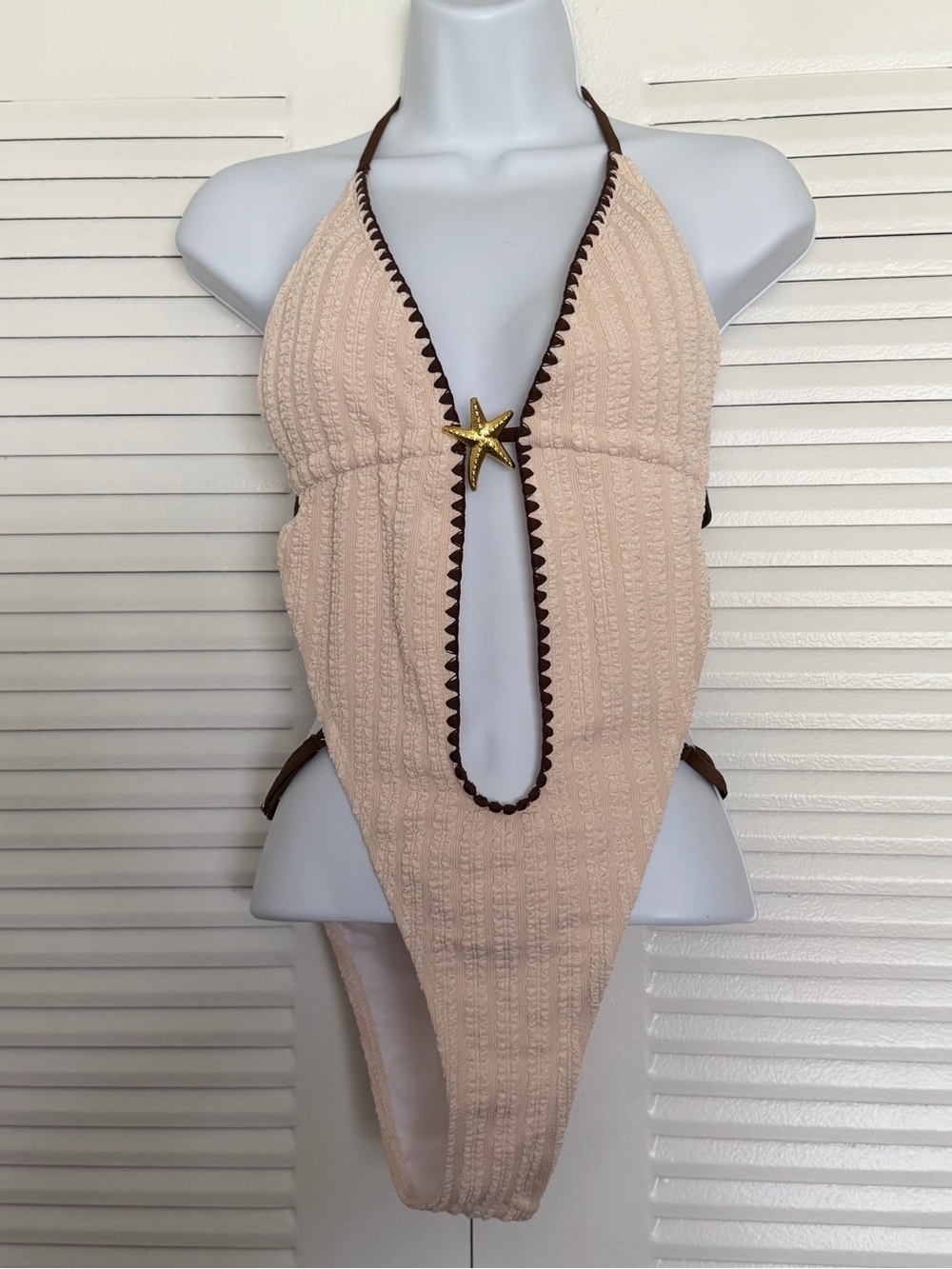 Cream and brown Textured One-Piece Swimsuit with Trim